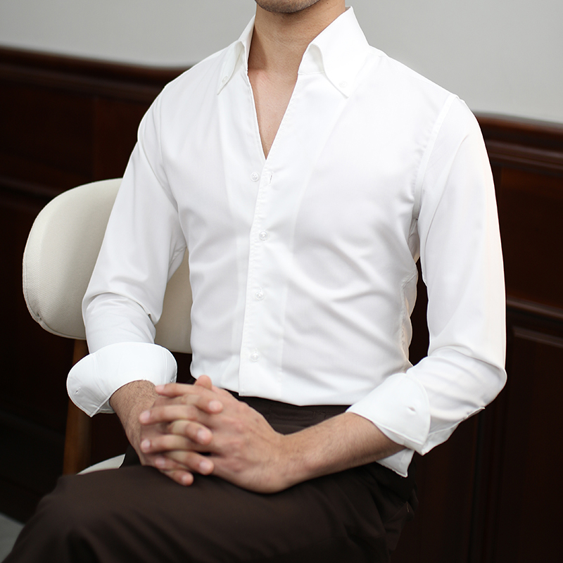 IsirHonour意式那不勒斯一片领白色长袖衬衫免烫英伦修身衬衣男潮