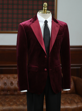 IsirHonour商务宴会主持人红色金丝绒拼接男绅士西装结婚新郎西服