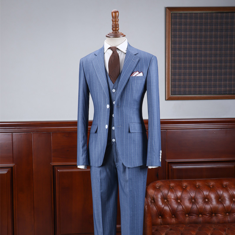 ISIRHONOUR EUROPEAN AND AMERICAN FASHION BLUE VERTICAL STRIPE SLIM FIT MENS SUIT BRITISH RETRO SUIT THREE-PIECE SUIT
