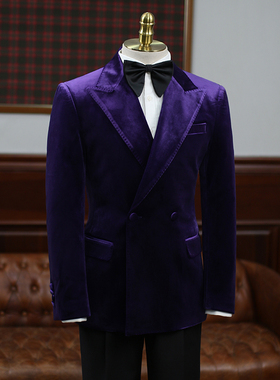 IsirHonour意式宴会商务戗驳领紫色黑色丝绒双排扣西装男轻奢西服