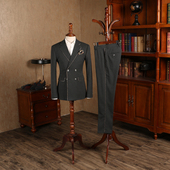 套装 IsirHonour欧美深灰色镶金边双排扣修身 西装 复古绅士两件套男