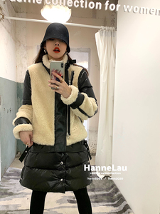 HanneLau下摆可拆卸羊羔毛羽绒服女加厚外套