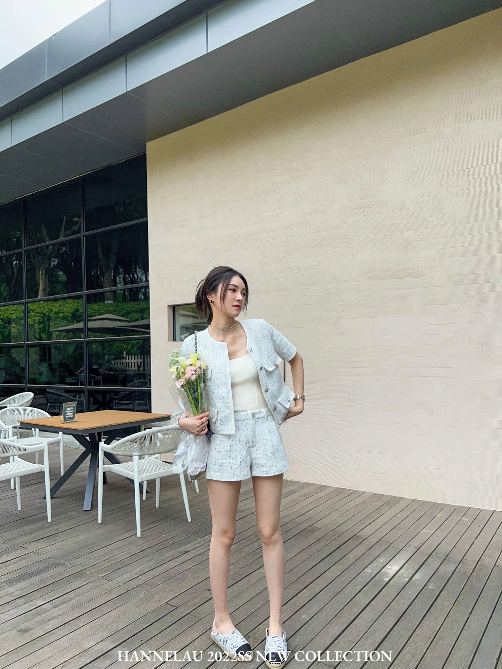Hannelau 图安少女 jue版花呢料小香风上衣 时尚休闲短裤套装女夏