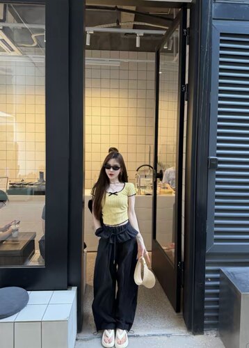 MIDO家 美式撞色针织短袖t恤女夏季2026新款设计感修身短款上衣