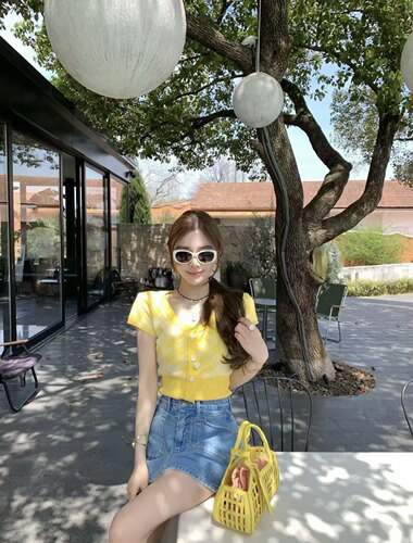 MIDO家 短袖T恤女2026夏季新款u领格纹短款修身辣妹针织上衣