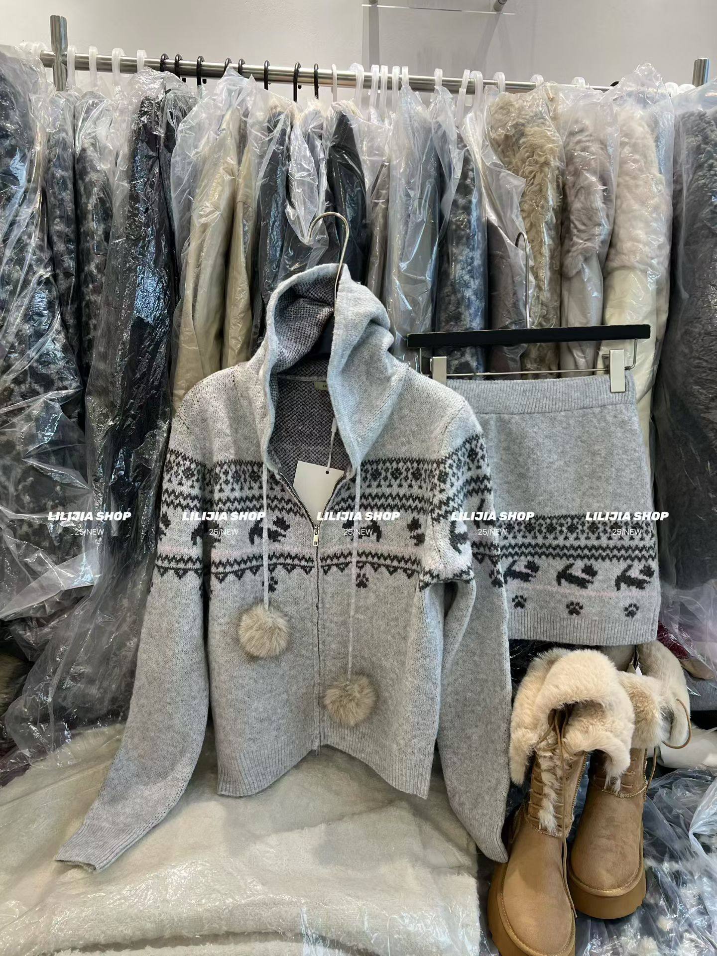 MIDO家 针织毛衣套装女秋冬季穿搭一整套装连帽毛衣新年战袍过年