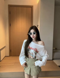MIDO家 2026夏季新款韩版时尚百搭显瘦海岛印花斜肩防晒长袖T恤女