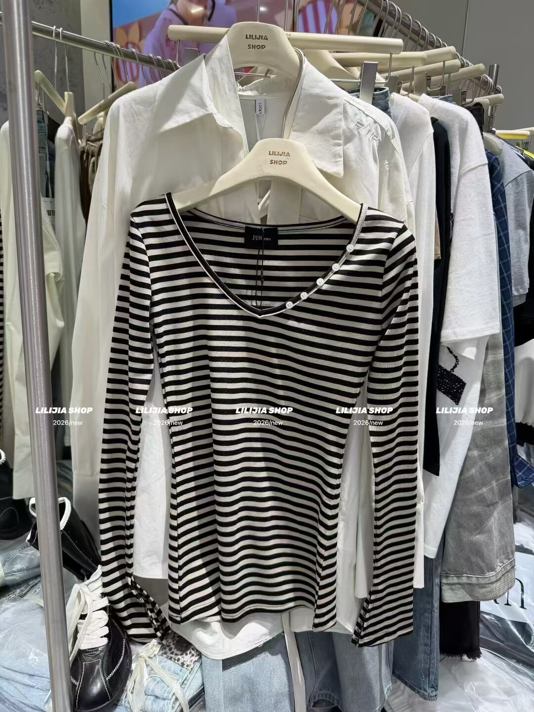 MIDO家 2026新款韩版时尚百搭条纹长袖打底衫女紧身收腰上衣