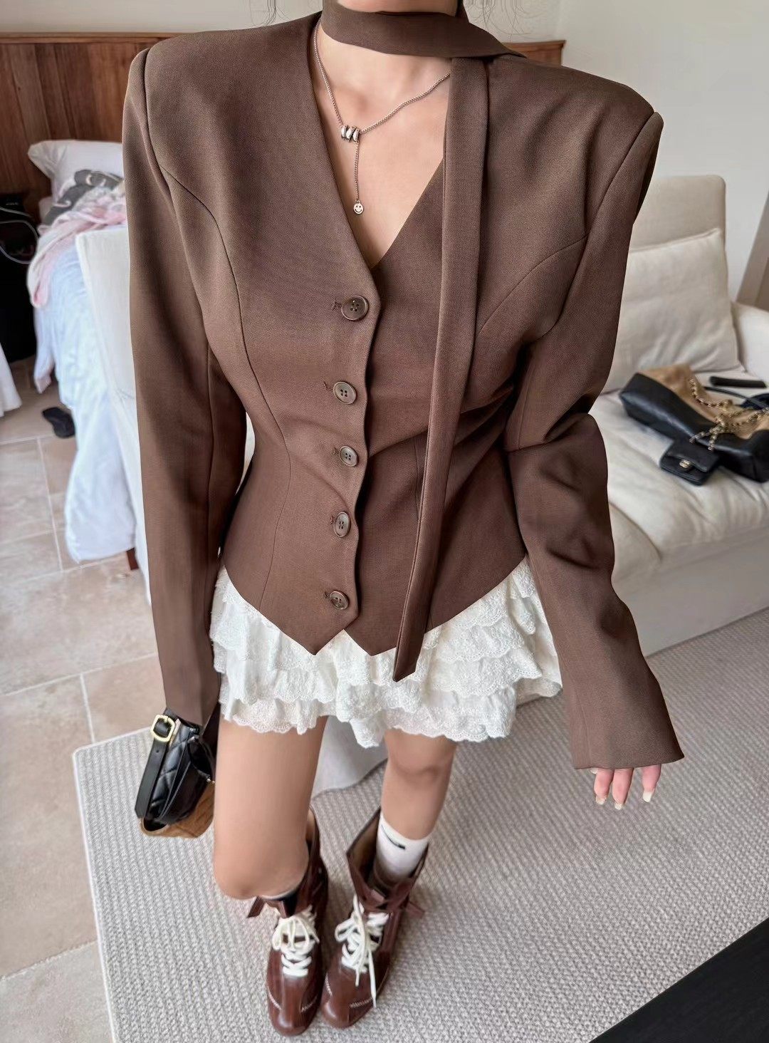 MIDO家 2025秋季新款韩版时尚百搭显瘦V领宽松飘带西装外套女