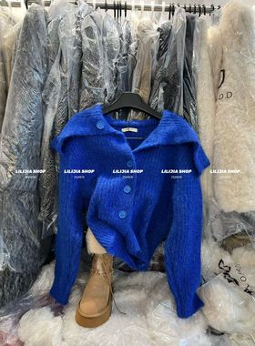 MIDO家 2025冬季新款蓝色纽扣毛衣韩版宽松显瘦百搭翻领针织开衫