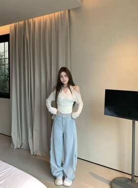 MIDO家 条纹拼接美式直筒牛仔裤女高腰宽松浅蓝色工装裤遮肉长裤