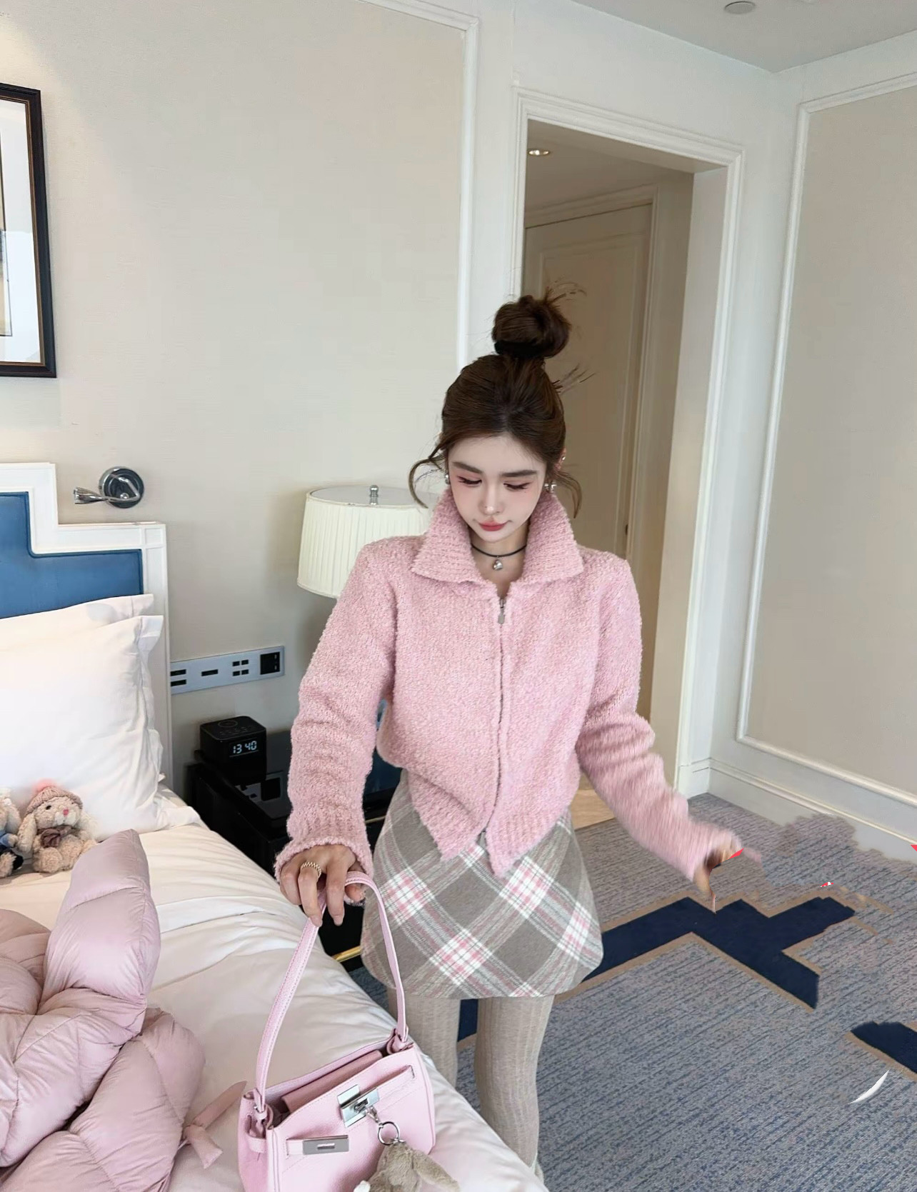 MIDO家 韩版圈圈毛针织通勤百搭长袖立领双向拉链毛衫上衣女