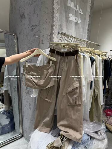 MIDO家 2026夏季美式复古设计感抹胸+工装裤宽松休闲口袋裤子套装