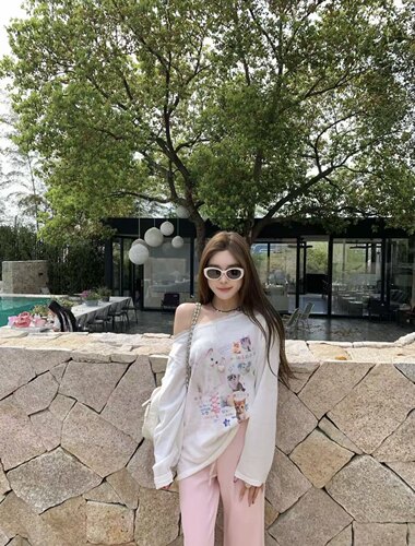 MIDO家 2026夏季新款韩版时尚百搭宽松防晒猫咪印花拉肩长袖T恤