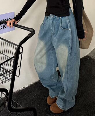 MIDO家 美式复古水洗弯刀牛仔裤女2026春季宽松阔腿休闲直筒裤