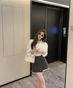 MIDO家 法式气质白色v领蕾丝边长袖衬衫女小众独特高级感翻领衬衣
