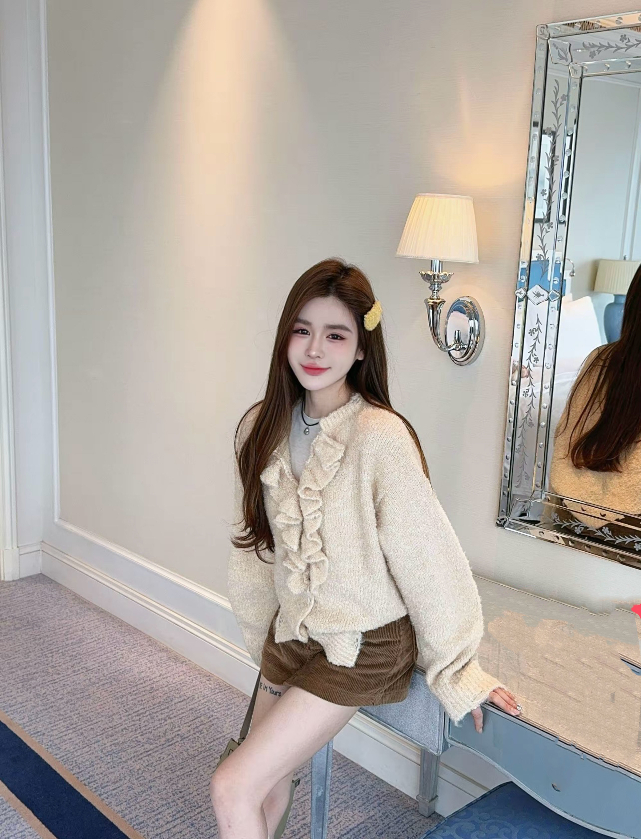 MIDO家 秋冬韩版chic设计感荷叶边前门襟宽松针织加厚毛衣开衫