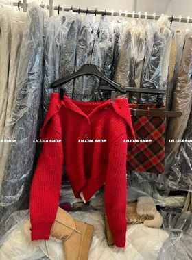 MIDO家 2025冬季新款圣诞红色毛衣韩版宽松显瘦百搭翻领针织开衫