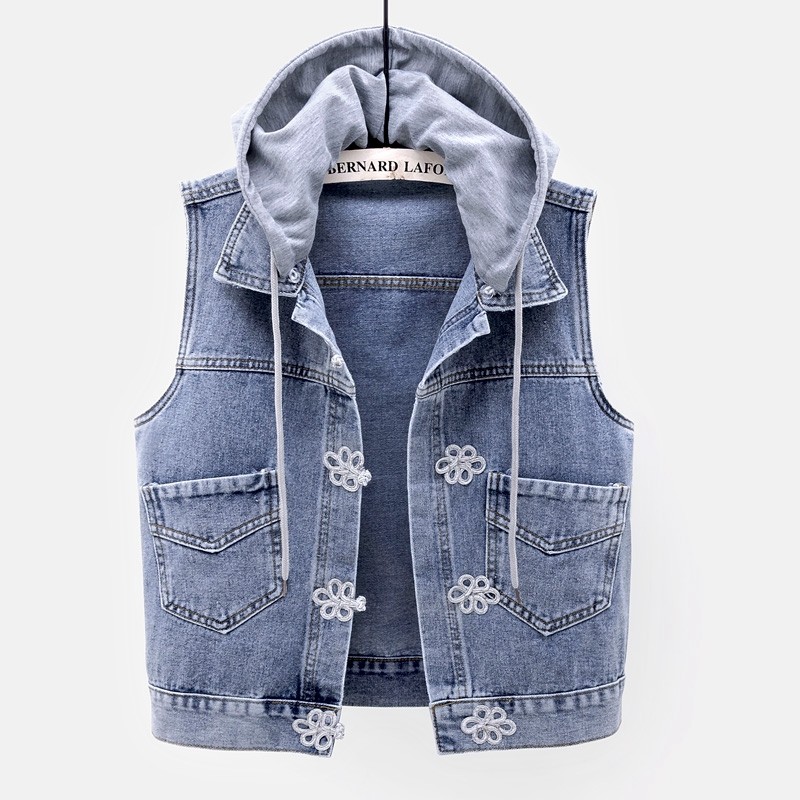 2025春秋新款牛仔马甲女短款百搭中国风盘扣修身夹克开衫连帽上衣,女装/女士精品,马夹,淘宝优惠券,粉丝福利购,淘宝优惠卷