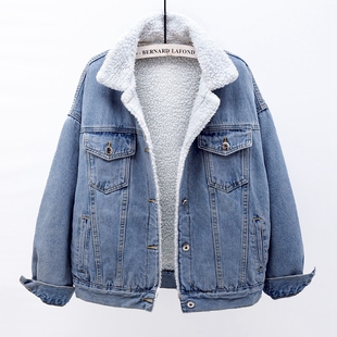 女士牛仔棉衣秋冬装新品韩版宽松bf纯色羊羔毛棉服加绒加厚上衣