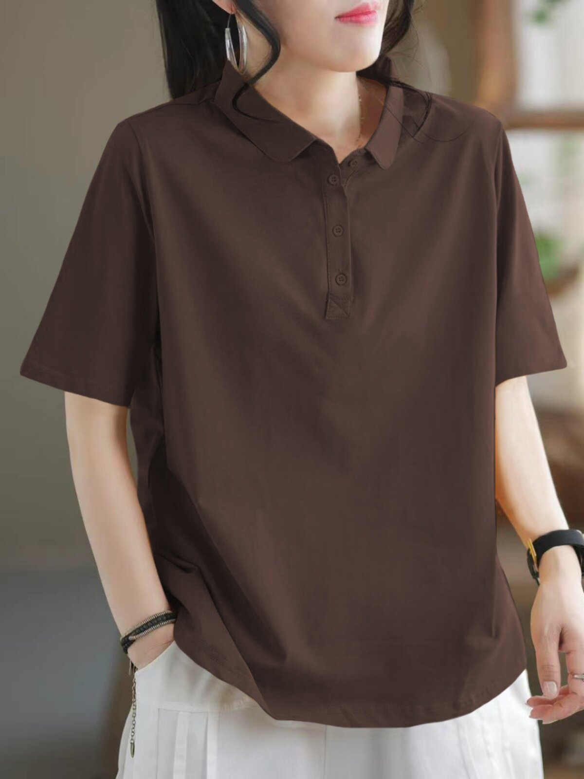 COTTON SHORT-SLEEVED POLO NECK T-SHIRT SUMMER NEW LITERARY RETRO CASUAL VERSATILE PRINT COTTON T-SHIRT TOP