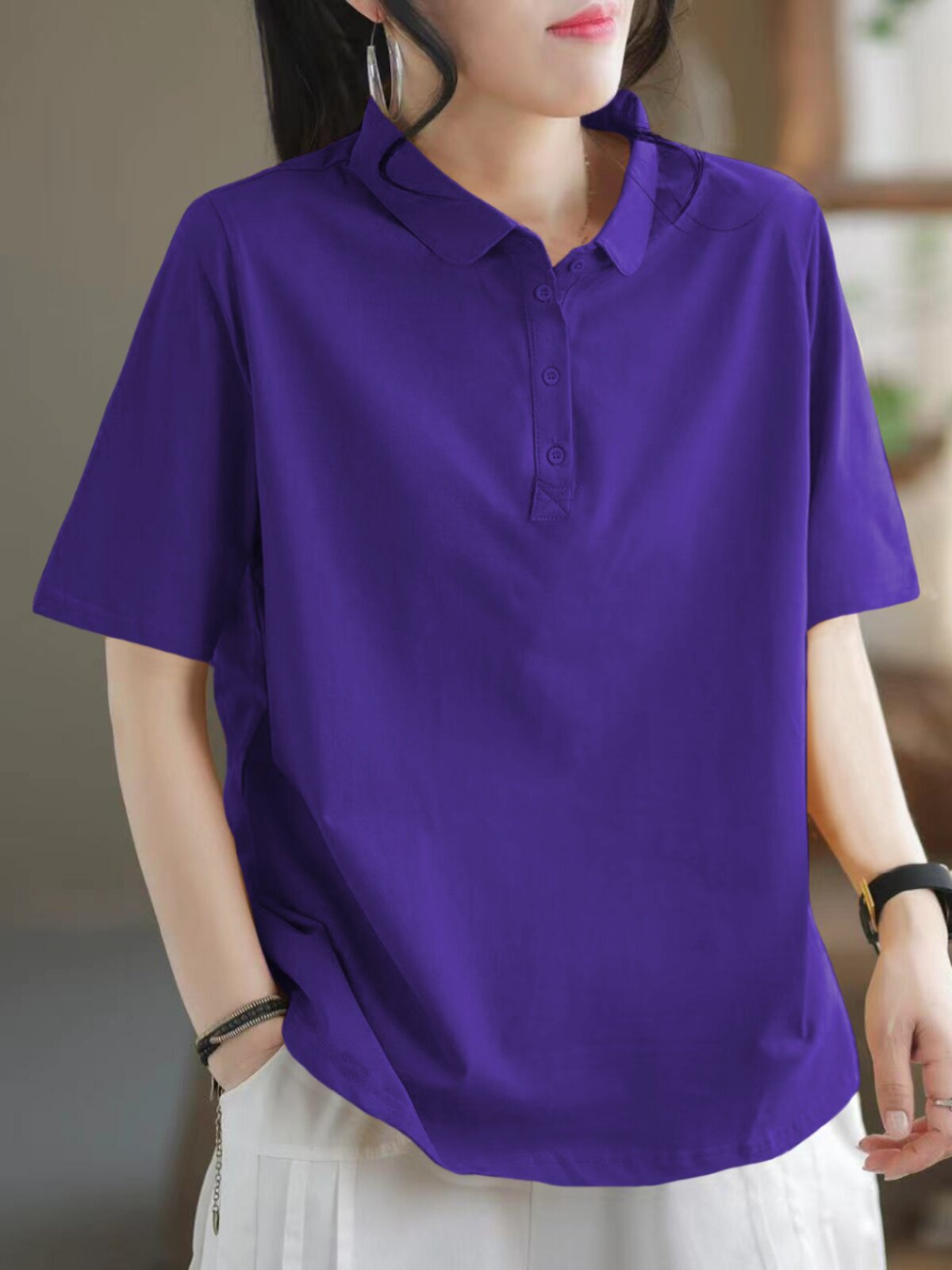 COTTON SUMMER NEW COTTON SHORT-SLEEVED POLO NECK T-SHIRT LITERARY RETRO CASUAL VERSATILE PRINTED T-SHIRT TOP