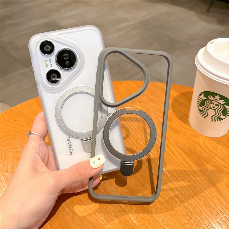 适用华为pura70pro手机壳新款透明p70pro+系列保护套磁吸带支架一体防摔高级pure70 ultra超薄轻奢支点后盖外
