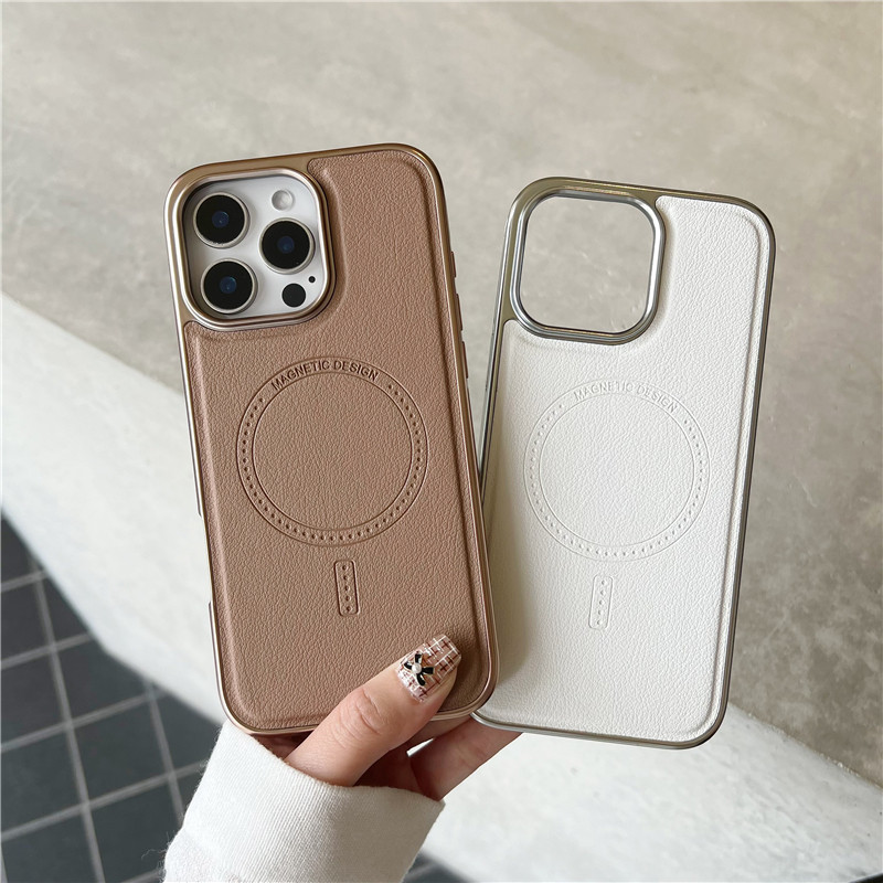 适用苹果16ProMax素皮手机壳iPhone15Pro新款磁吸保护套14Magsafe无线充电16plus高端轻奢电镀防摔壳13pm男女
