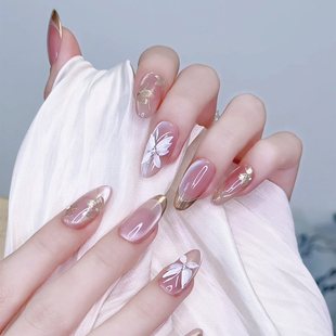 温柔法式 纯手工穿戴甲高级中长款 金边撞色手绘 栖香蝶 AuraNail