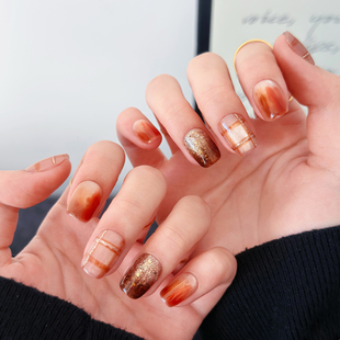 高级感秋冬美拉德猫眼 纯手工穿戴甲2025短款 AuraNail 琥珀绒秋