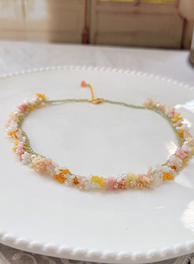 弋朵手作橙黄色花朵串珠项链，小众个性女实测显白