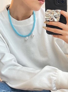 minstudio可叠戴时尚冰蓝色串珠珍珠项链日韩混搭风