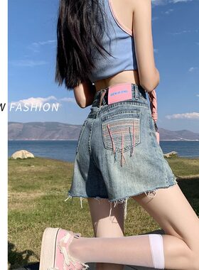 韩版潮流破洞阔腿A字牛仔短裤女