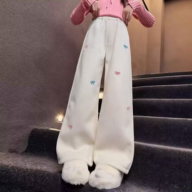 女童裤子春季新款刺绣蝴蝶结直筒阔腿裤2026新款韩版儿童休闲长裤