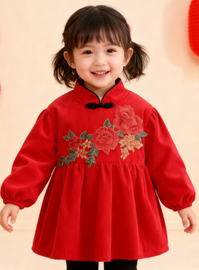 女宝宝春秋冬唐装灯芯绒罩衣婴幼儿红色中国风反穿衣防水吃饭护衣