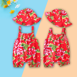 东北大花吊带哈衣夏季带帽子夏季吊带绵绸男女宝宝满月百天婴儿