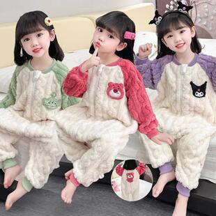 儿童睡衣麻花绒中大童加厚家居服连体女宝宝连体睡袋加绒冬季保暖