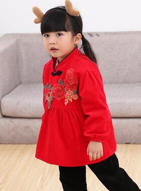 女宝宝春秋冬唐装灯芯绒罩衣婴幼儿红色中国风反穿衣防水吃饭护衣