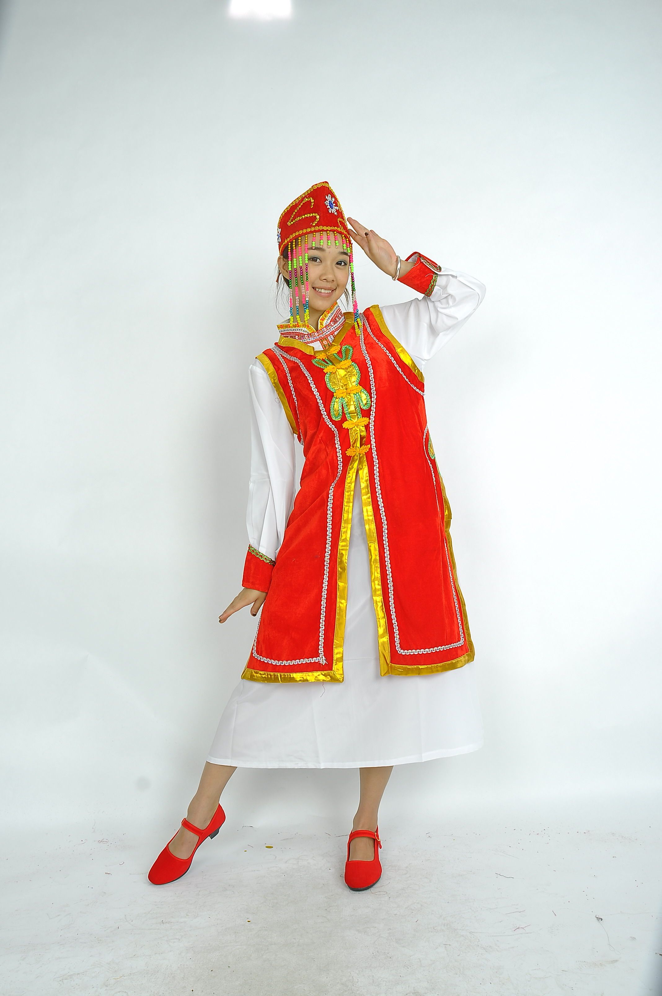 云南少数民族蒙古族服装/舞蹈演出服装女式长裙/民族舞台表演红色