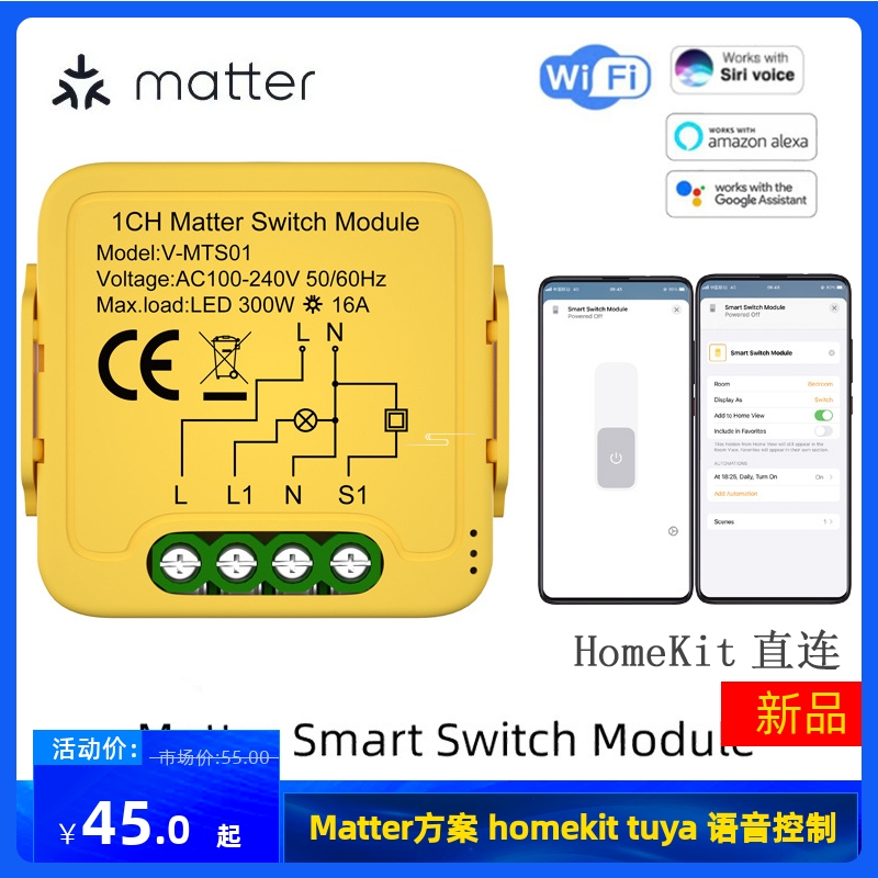 Matter智能开关通断器模块HomeKit直连Siri语音Alexa/Google Home