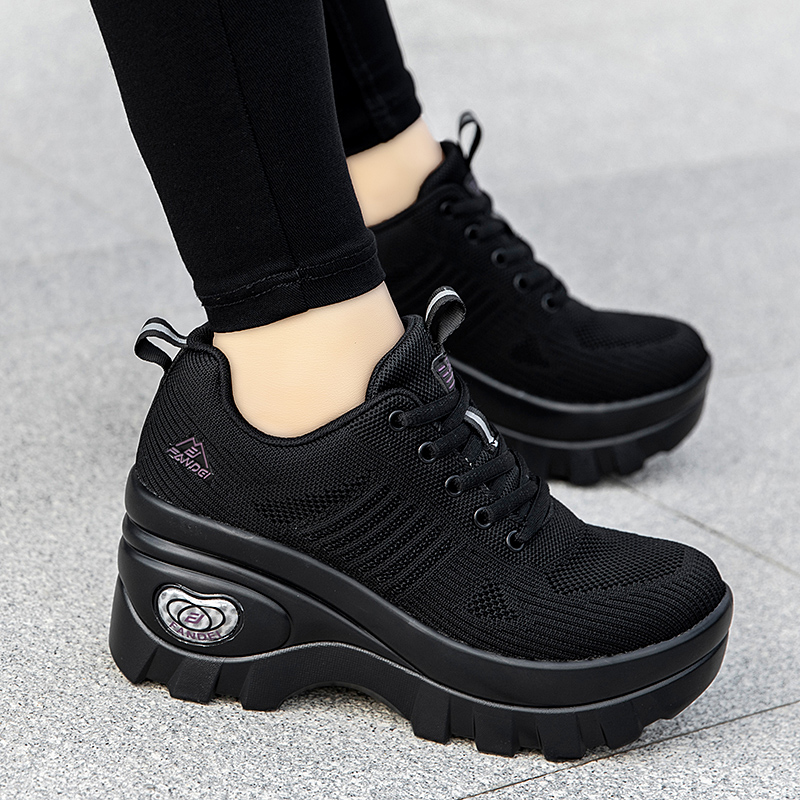 凡得特价2022新款女透气8cm松糕休闲坡跟运动女厚底单鞋网面轻便