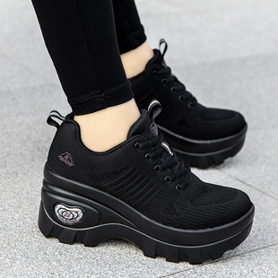 凡得特价2022新款女透气8cm松糕休闲坡跟运动女厚底单鞋网面轻便