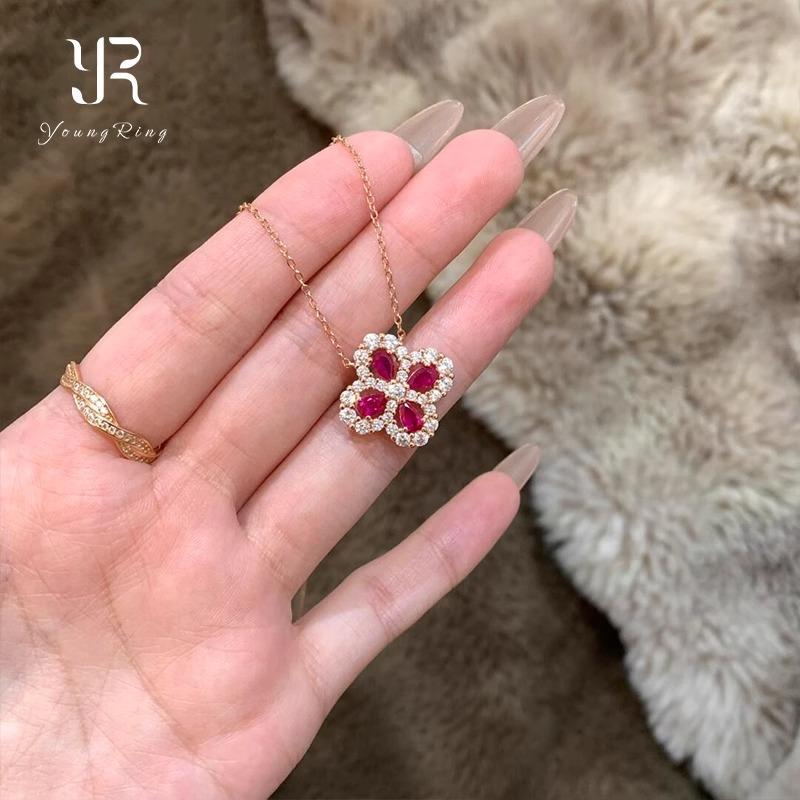 S925纯银红宝石四叶花项链轻奢女