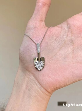 S925纯银爆闪满钻银铲铲吊坠项链女款轻奢小众设计中古锁骨链颈联