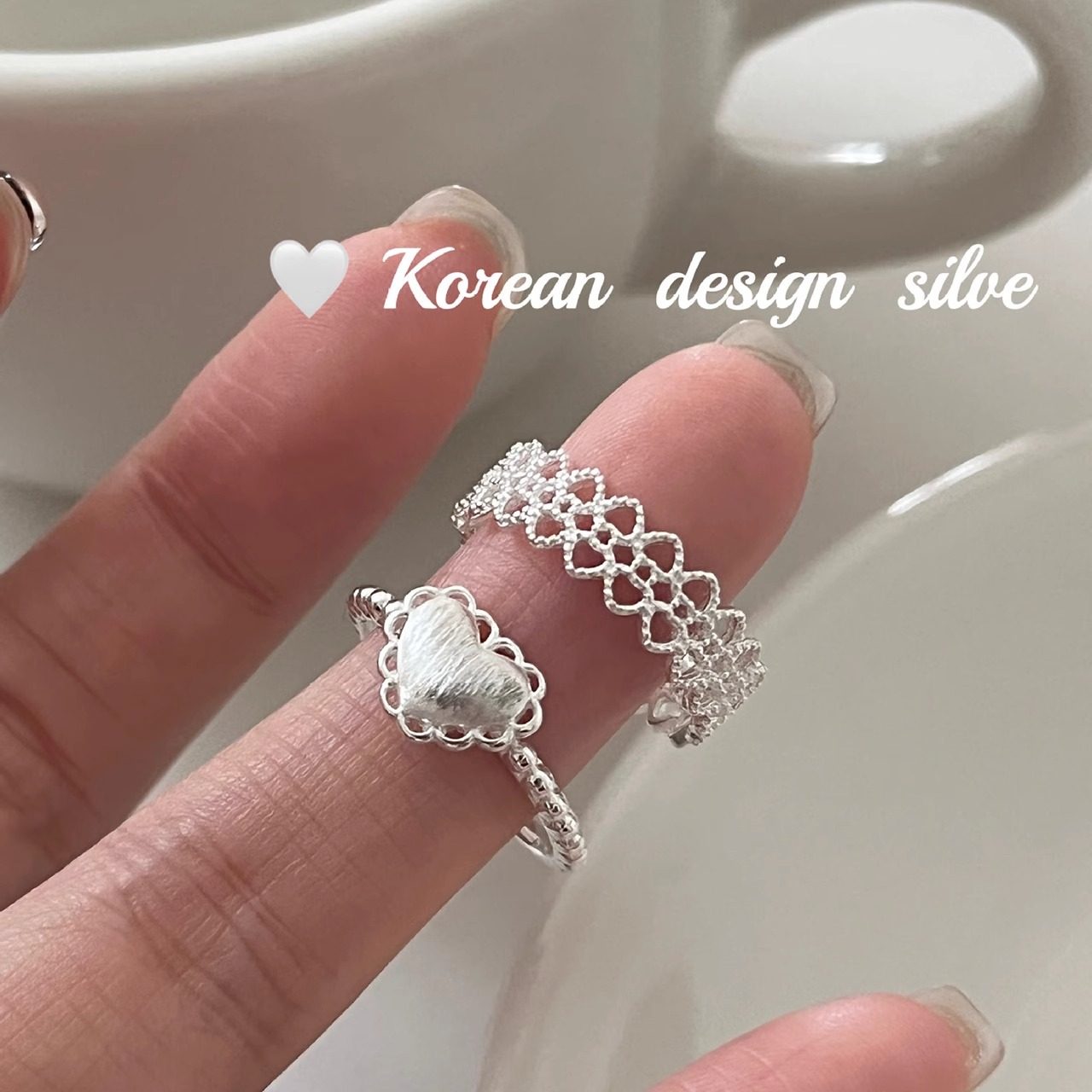 S925银镂空蕾丝花边磨砂爱心戒指