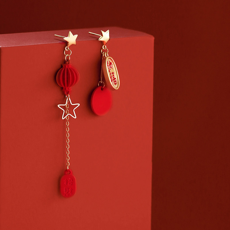 925银针流苏红色灯笼耳环女生2025新款爆款高级感国风耳钉饰品