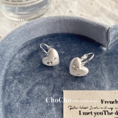 925纯银银色爱心拉丝少女耳环女