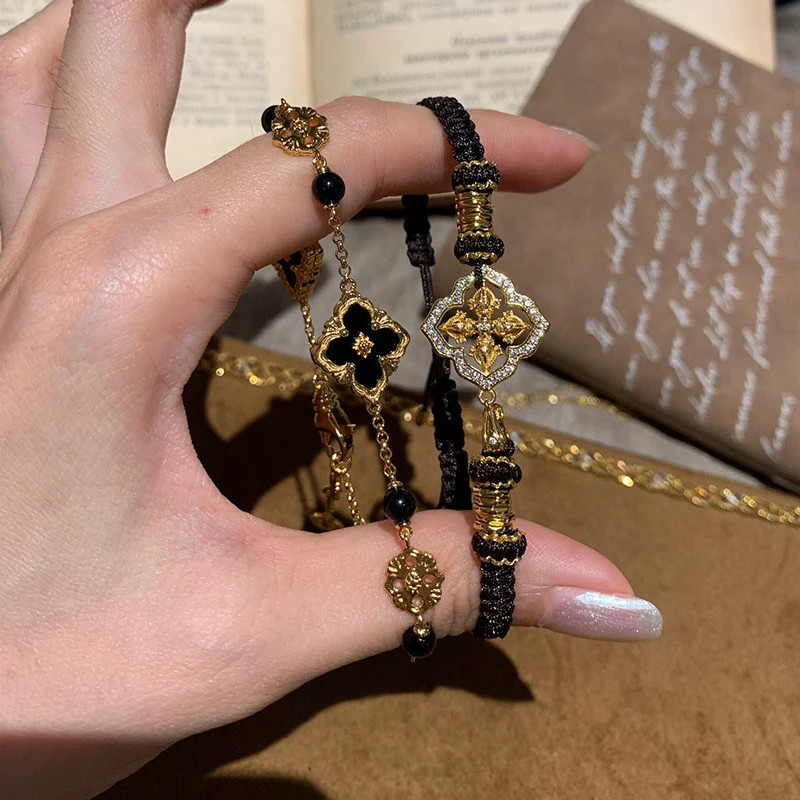 老钱风黑金色四叶花草手链女手绳