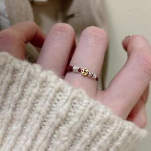 S925纯银碎银子金色钱币手工编绳可调节戒指本命年红绳抽拉式指环