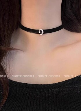925纯银月亮太阳镶钻黑色皮质choker项圈项链配饰女款颈链锁骨链